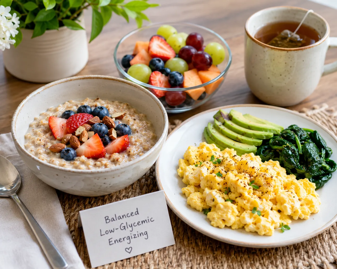 Healthy meals and snacks arranged on a table to illustrate balanced eating for energy and focus.