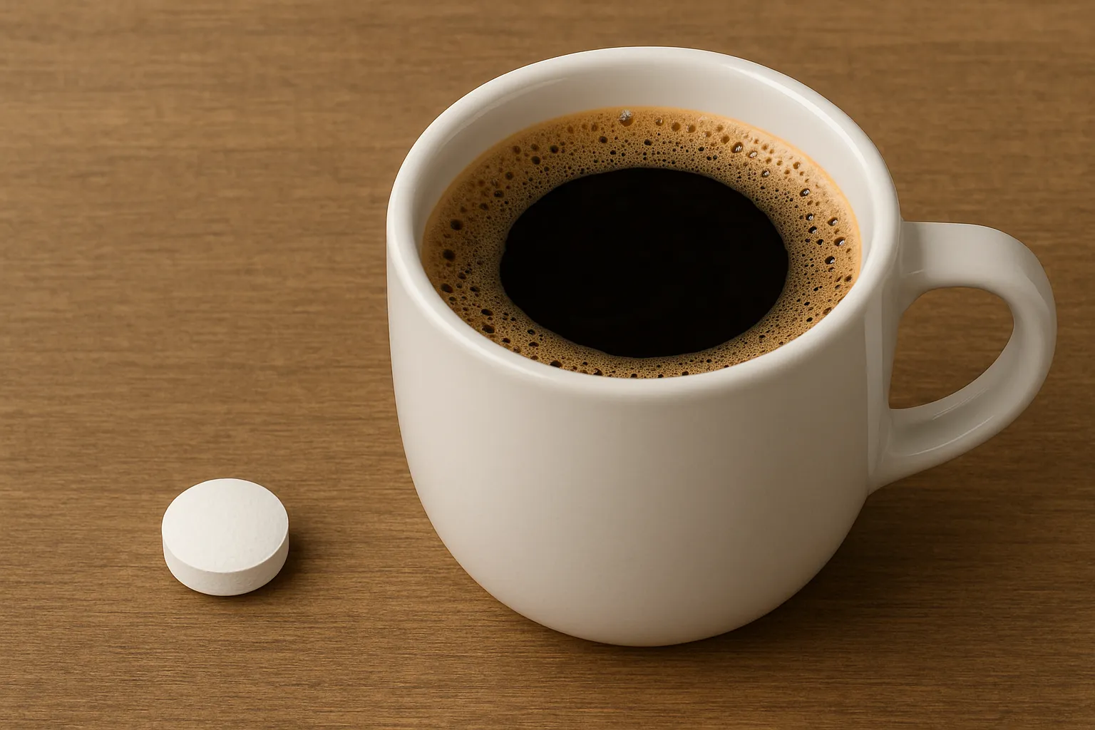 Picture of a caffeine pill next to a cup of coffee.