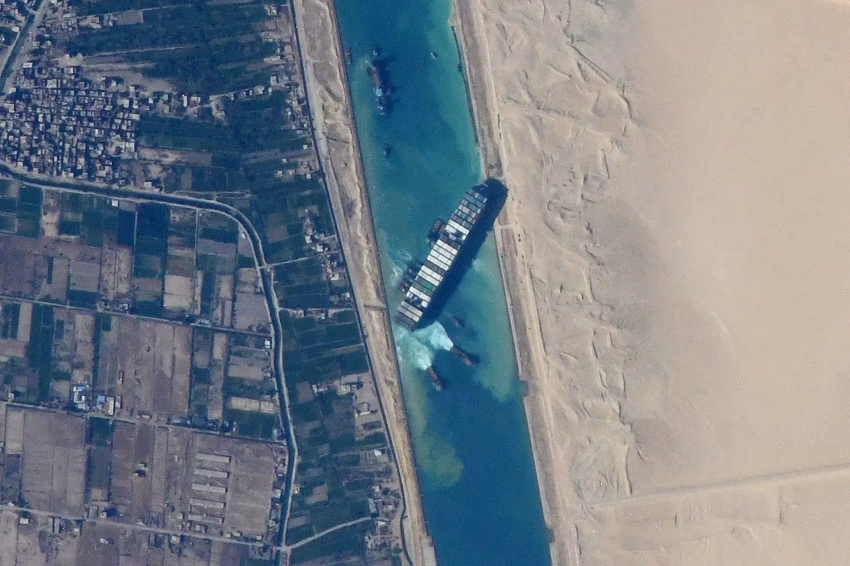 Satellite view of the Ever Given container ship wedged across the Suez Canal in March 2021.