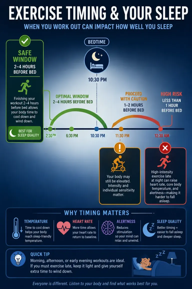 Exercise timing relative to bedtime impacts sleep quality; finishing workouts ≥2–4 hours before sleep is ideal.