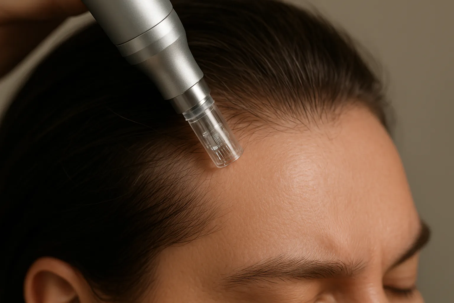 A demonstration of a microneedling device being applied to the scalp along the hairline. Creating uniform micro-punctures in areas of thinning hair may stimulate follicle activity and improve absorption of topical treatments (device shown: a professional dermapen)