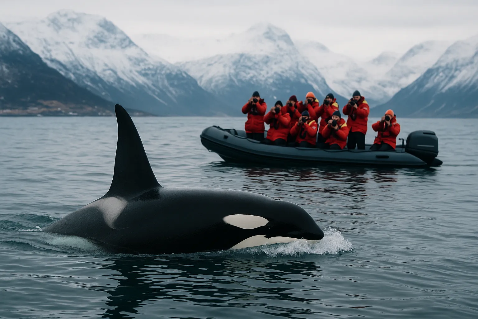 Picture of an orca whale breaching the water during a safari in Tromsø, Norway.