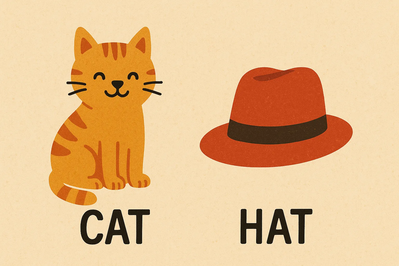 A picture of two rhyming words, cat and hat.