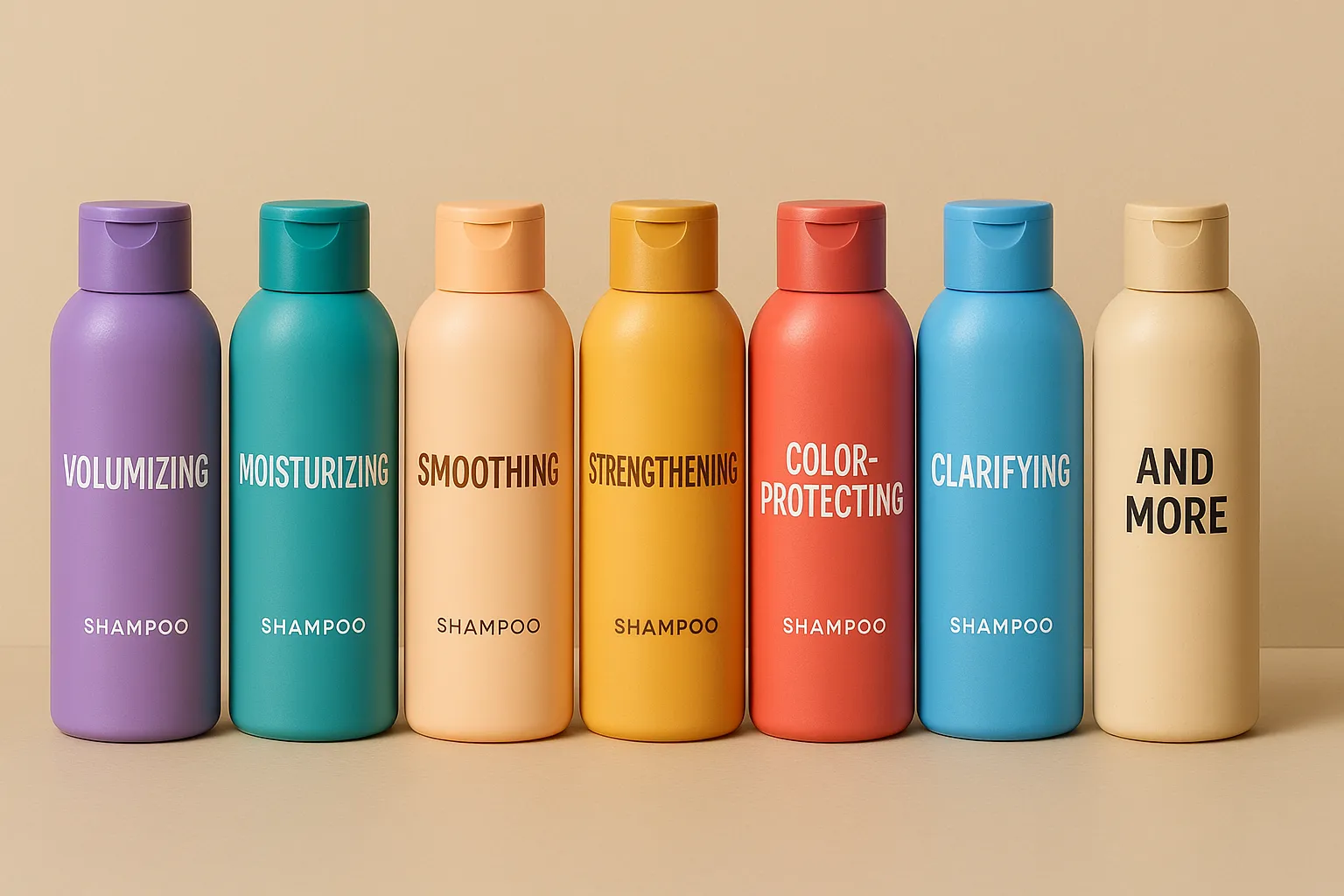 A picture of various shampoo bottles on a shelf.